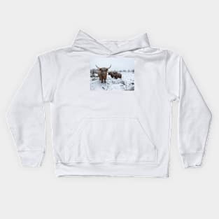 Scottish Highland Cattle Cows and Calf 1984 Kids Hoodie